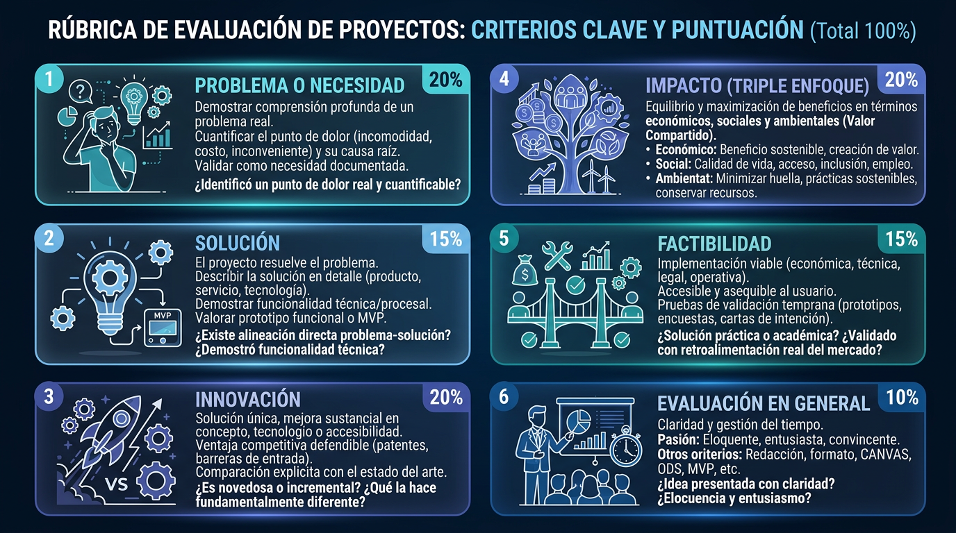 Rúbrica de evaluación de proyectos: criterios clave y puntuación (total 100%)